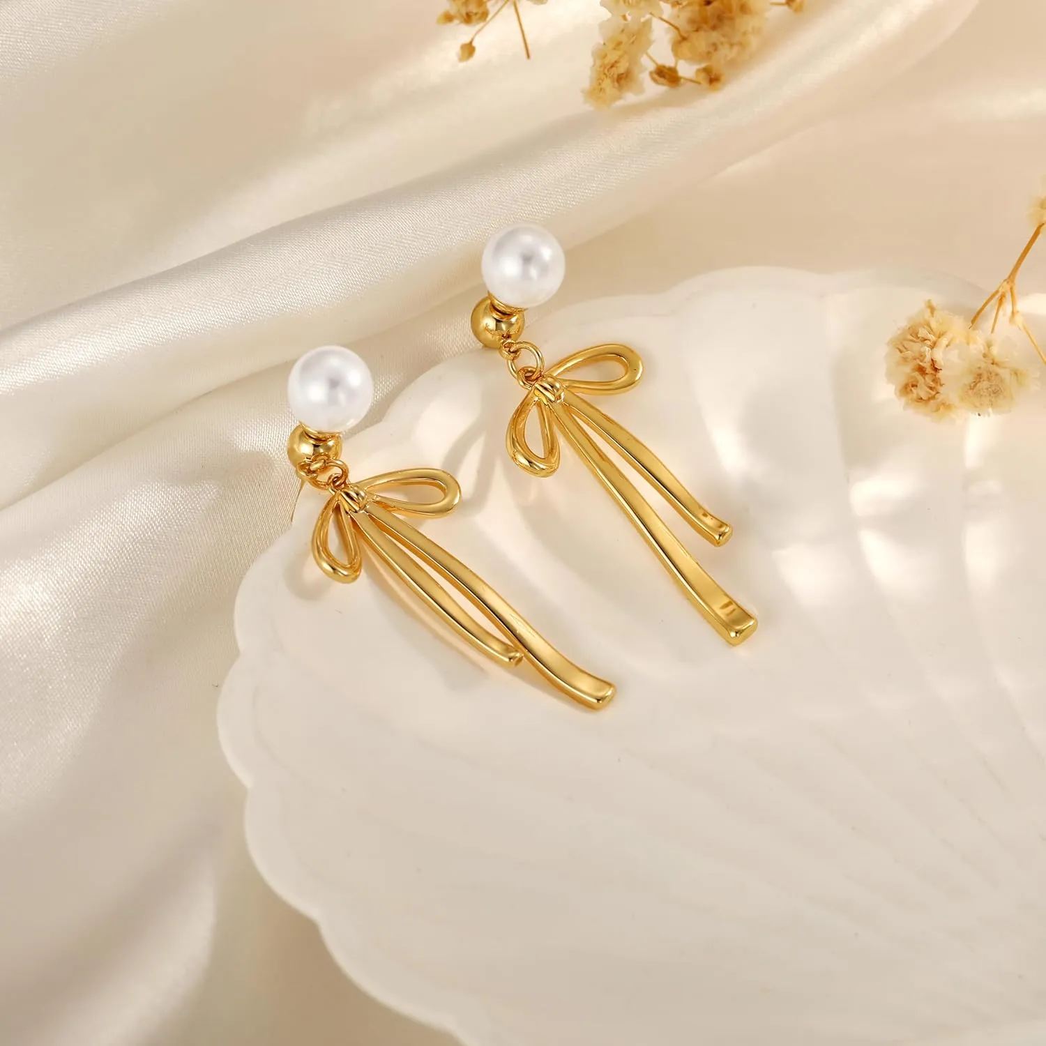 Pearl Earrings for Women Gold Hoop Earrings for Women Trendy 14K Gold Plated/Silver Bow Pearl Huggie Earring Hoops Twist Rope Bow Stud Pearl Dangle Cubic Zirconia Earrings Jewelry Gifts for Women