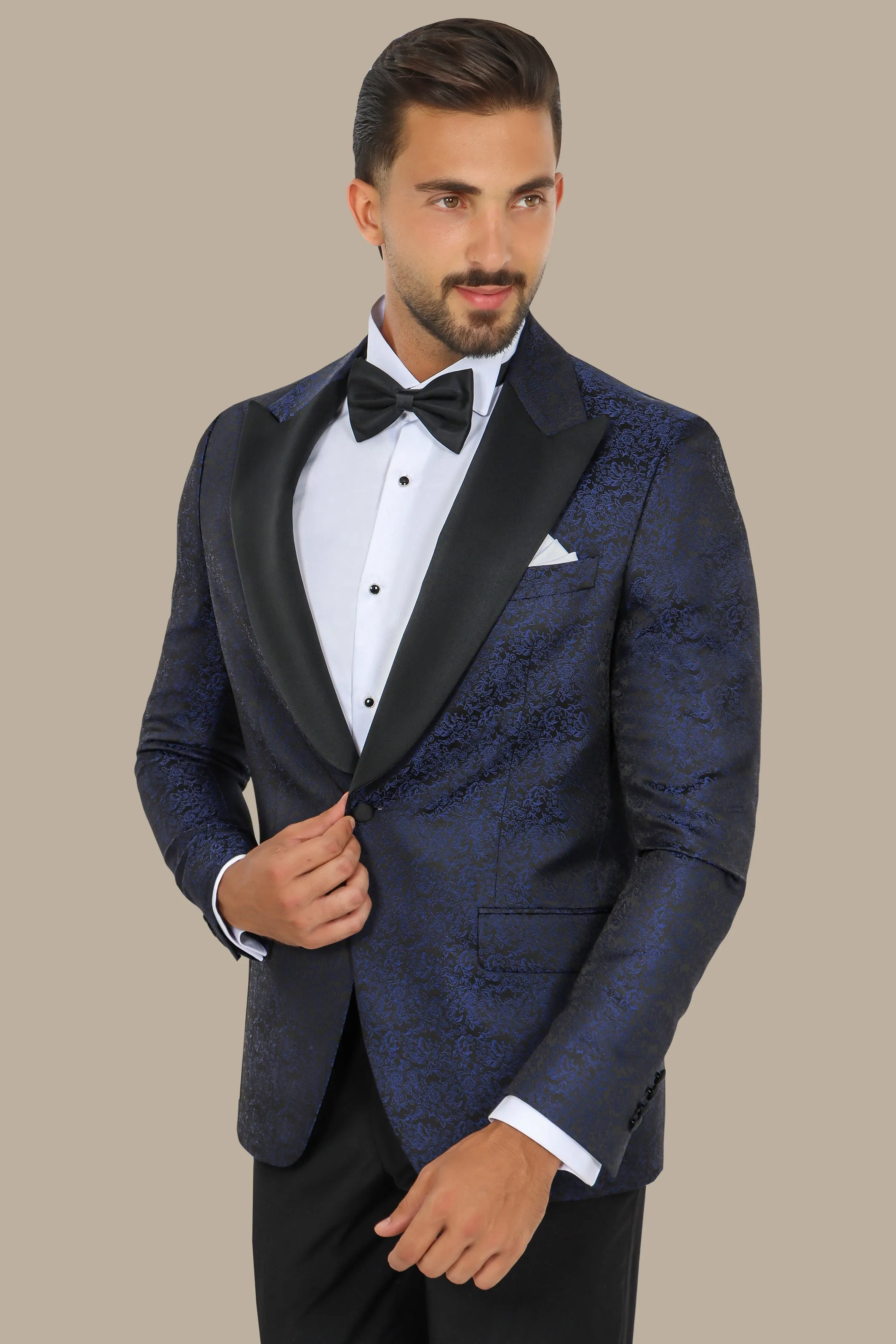 Regal Reverie: Navy Jacquard Flower Print Tuxedo