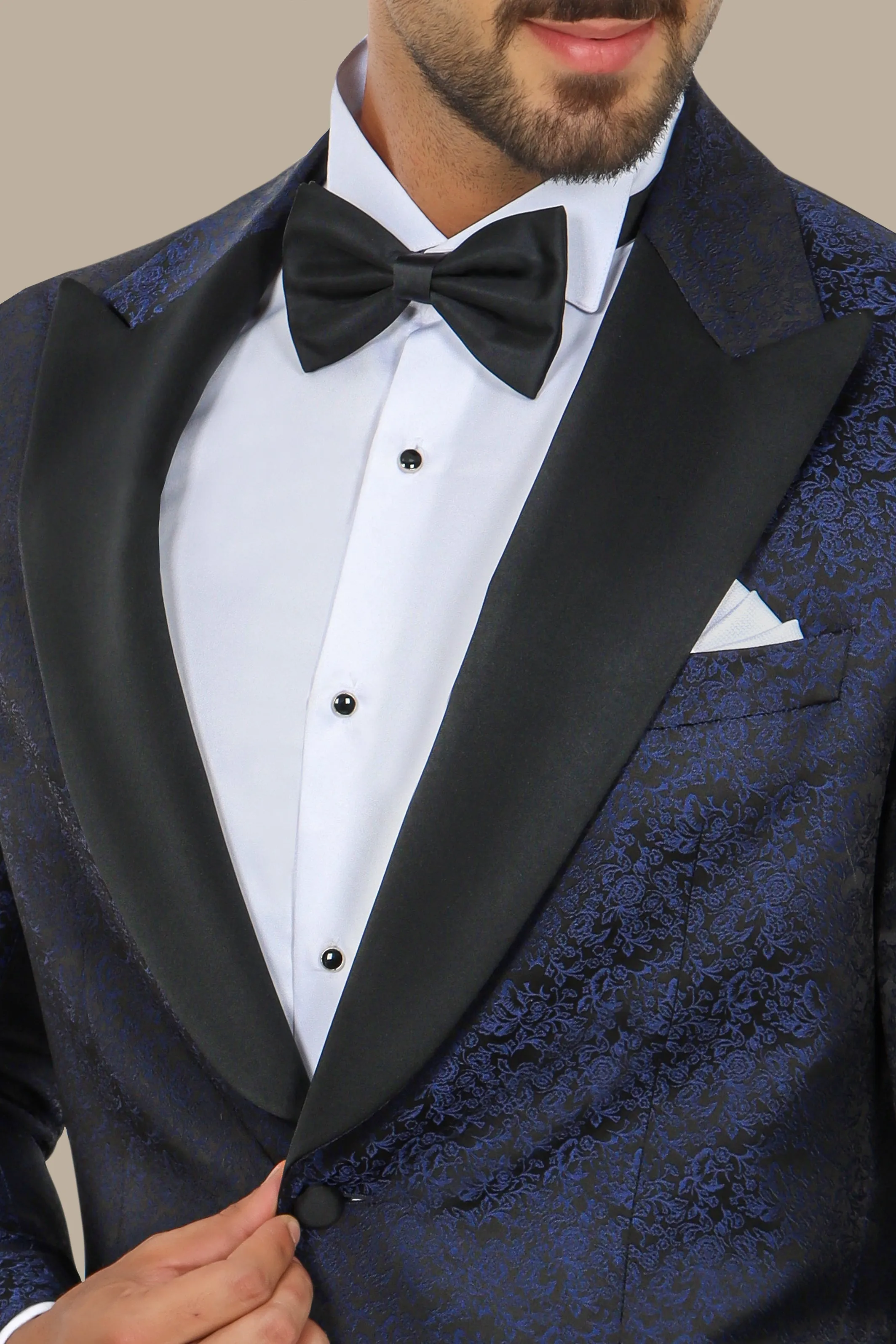 Regal Reverie: Navy Jacquard Flower Print Tuxedo