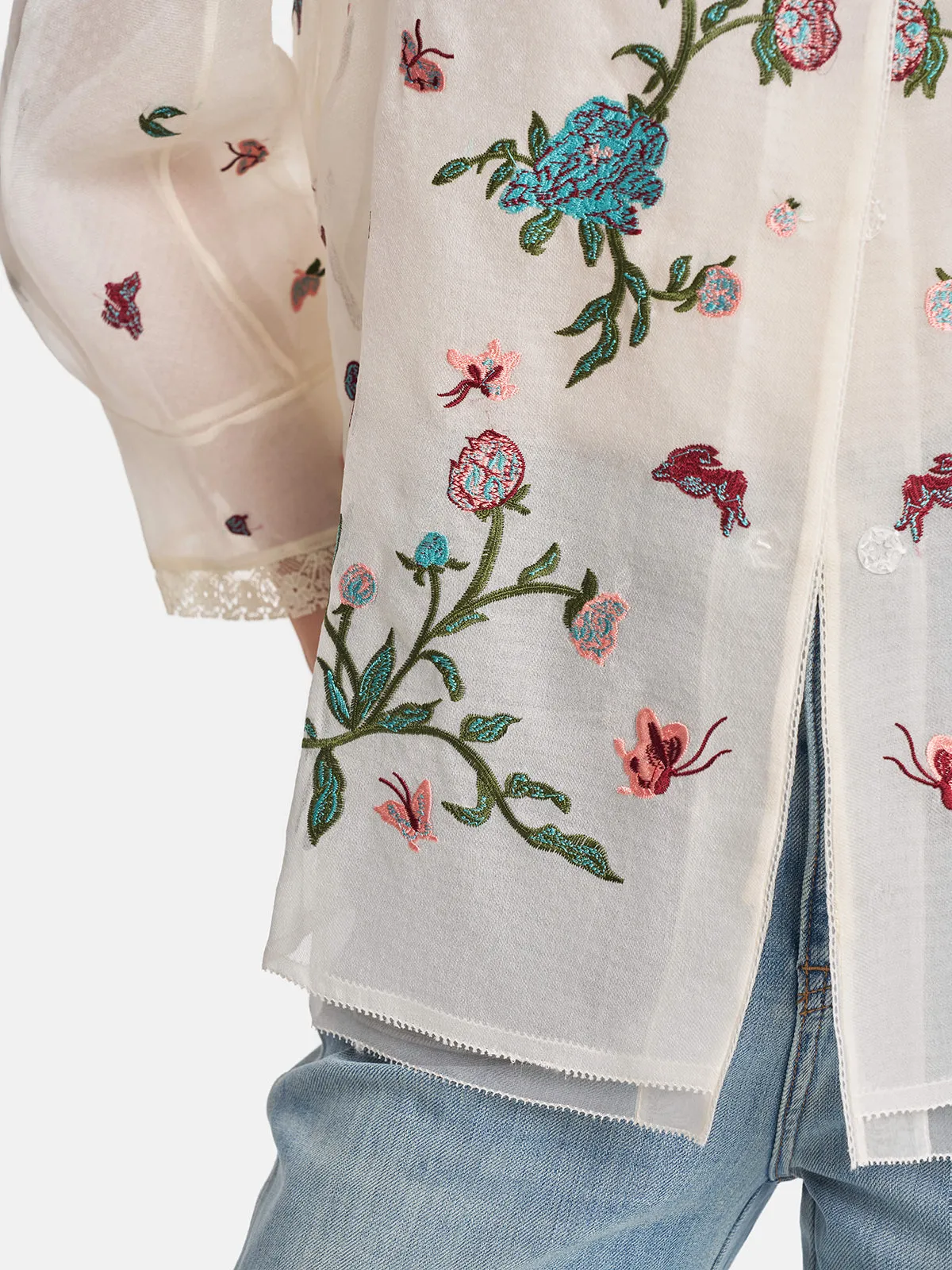 Silk Floral Embroidery Lace Blouse