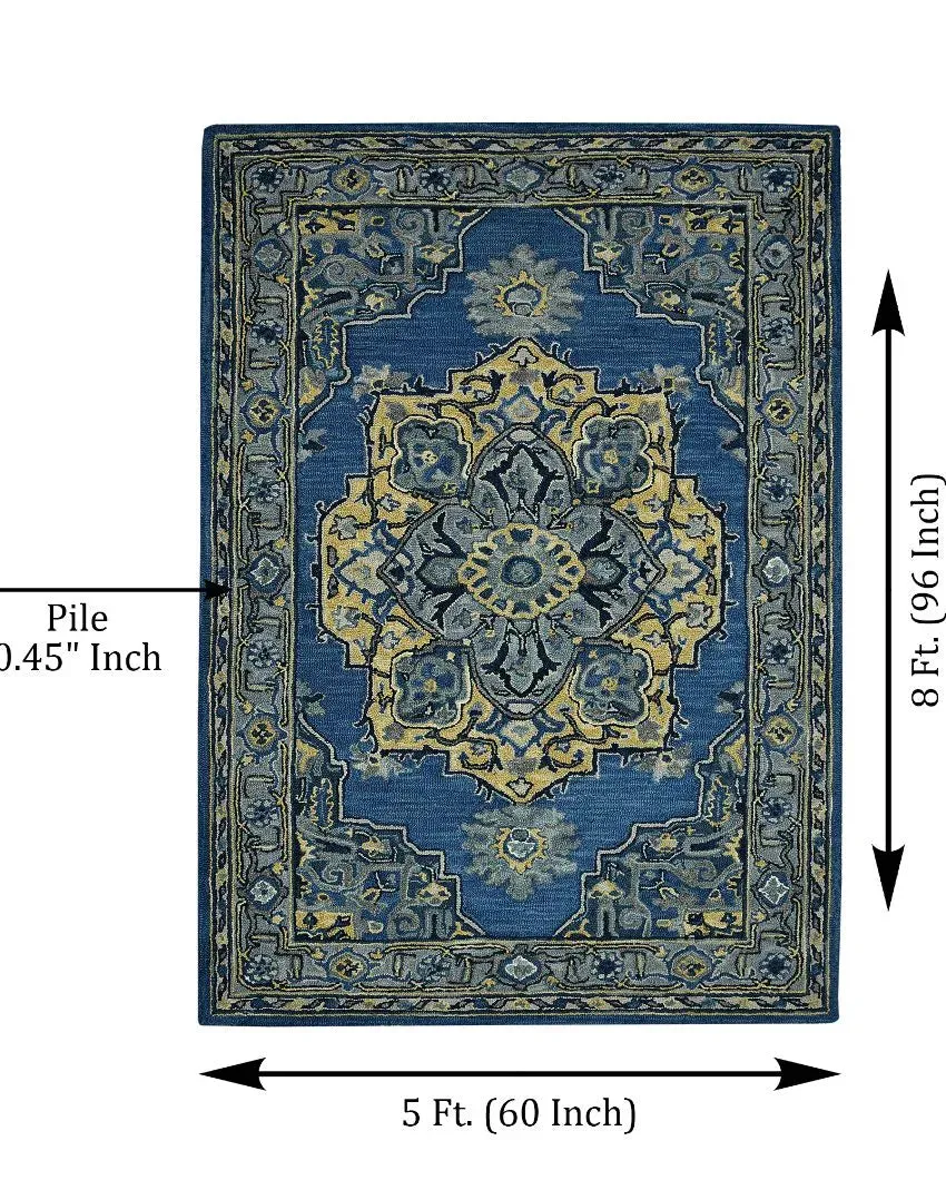 Steel Blue Wool Boho Hand Tufted Carpet | 8 x 5 Feet