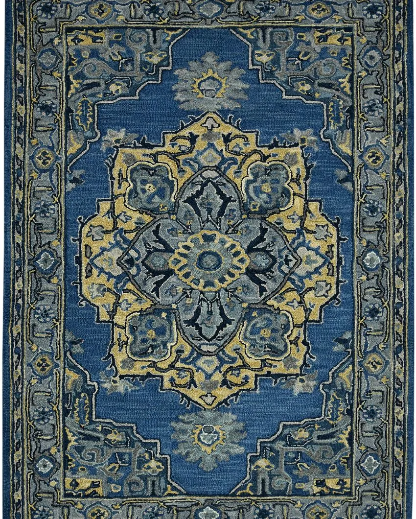 Steel Blue Wool Boho Hand Tufted Carpet | 8 x 5 Feet