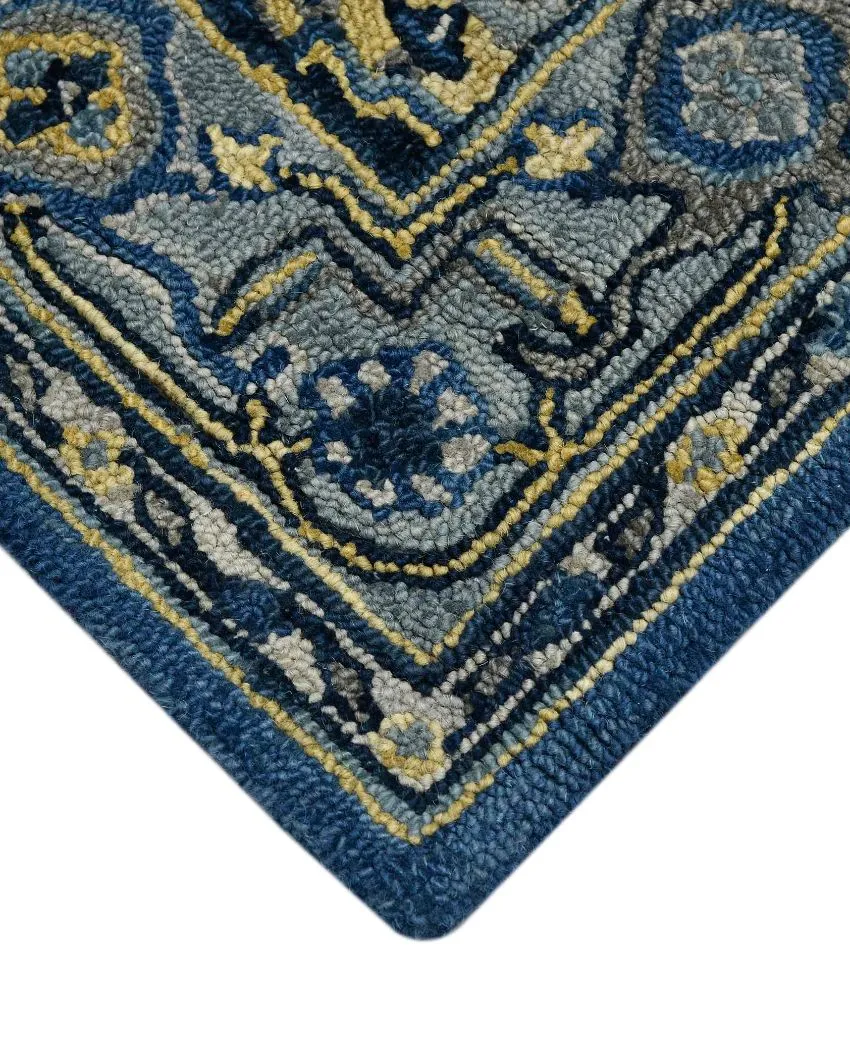 Steel Blue Wool Boho Hand Tufted Carpet | 8 x 5 Feet