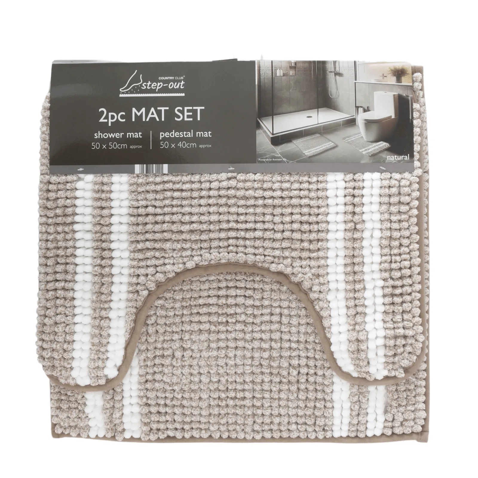 Step Out Shower Pedestal Mat Chenille Stripe 2pc Set Bathroom