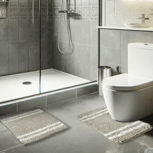 Step Out Shower Pedestal Mat Chenille Stripe 2pc Set Bathroom