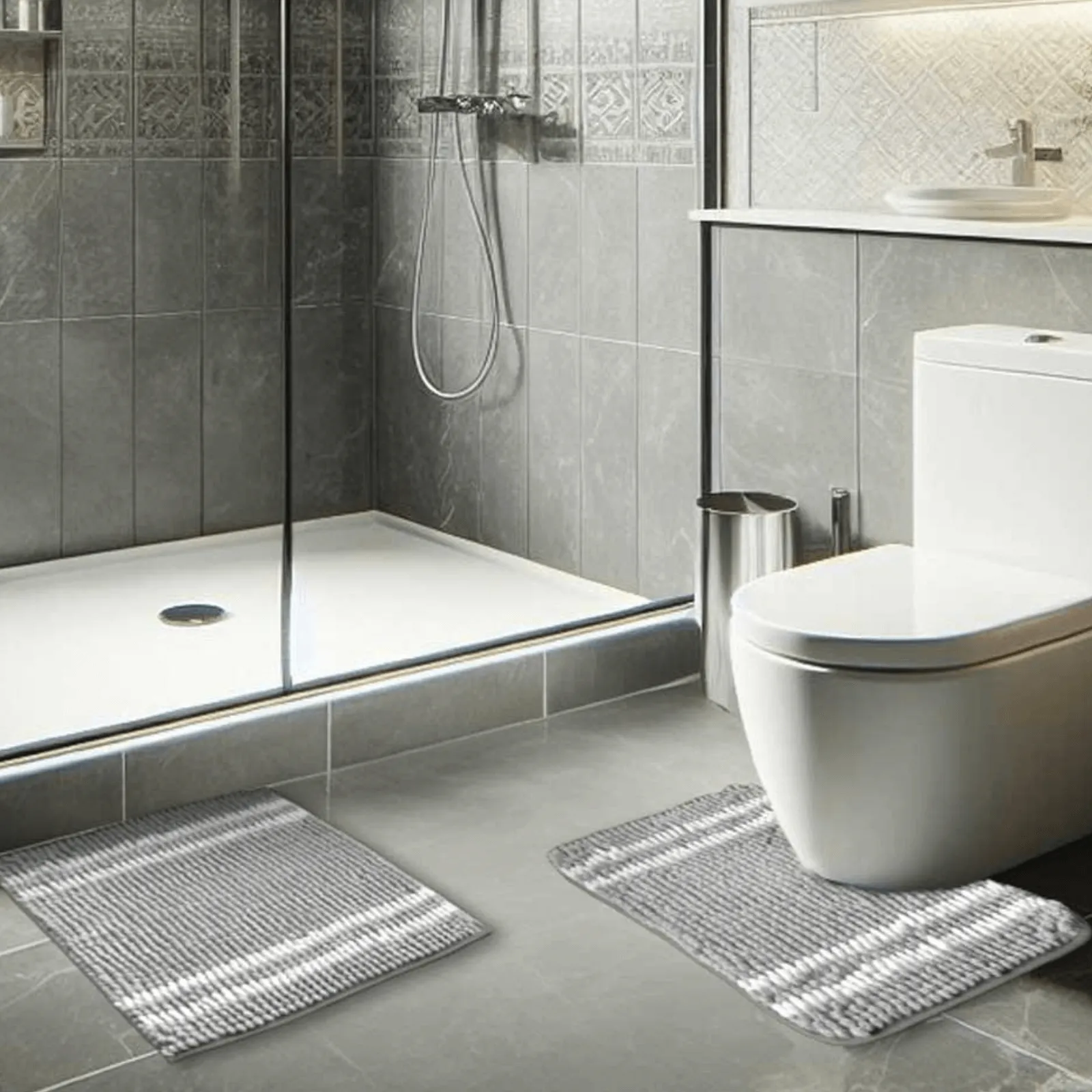 Step Out Shower Pedestal Mat Chenille Stripe 2pc Set Bathroom