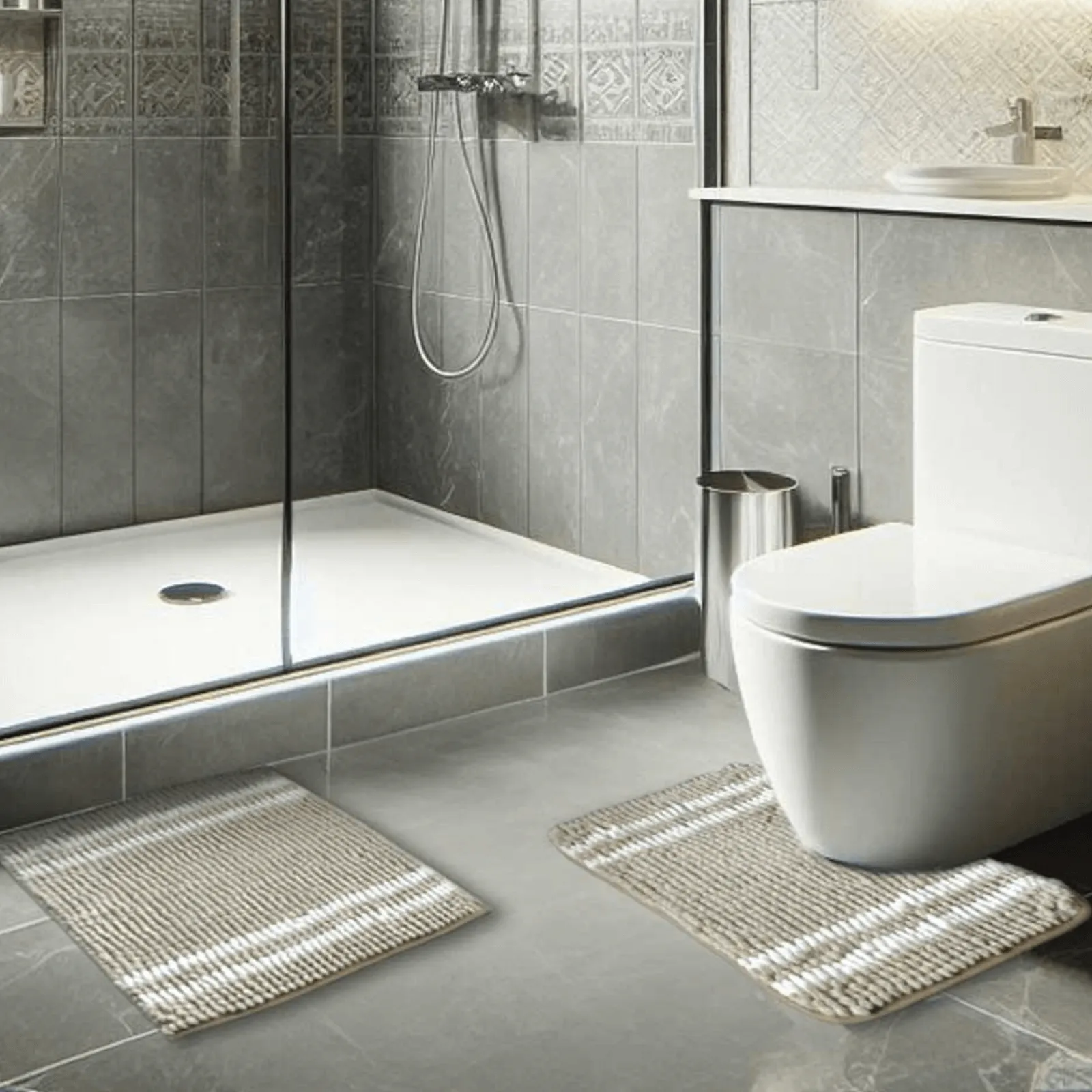 Step Out Shower Pedestal Mat Chenille Stripe 2pc Set Bathroom