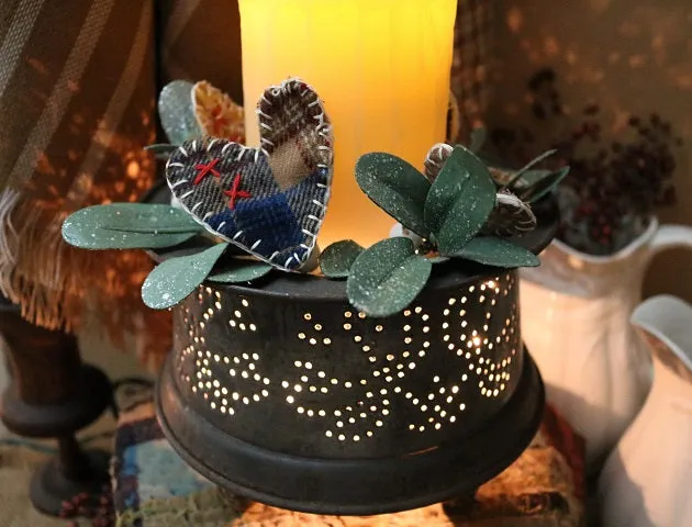 Tin Punched Candleholder with Hearts