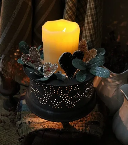 Tin Punched Candleholder with Hearts