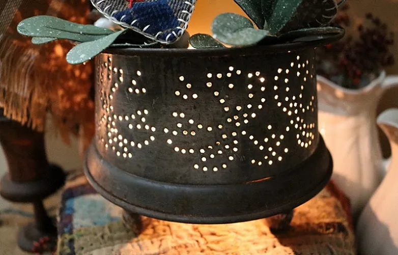 Tin Punched Candleholder with Hearts