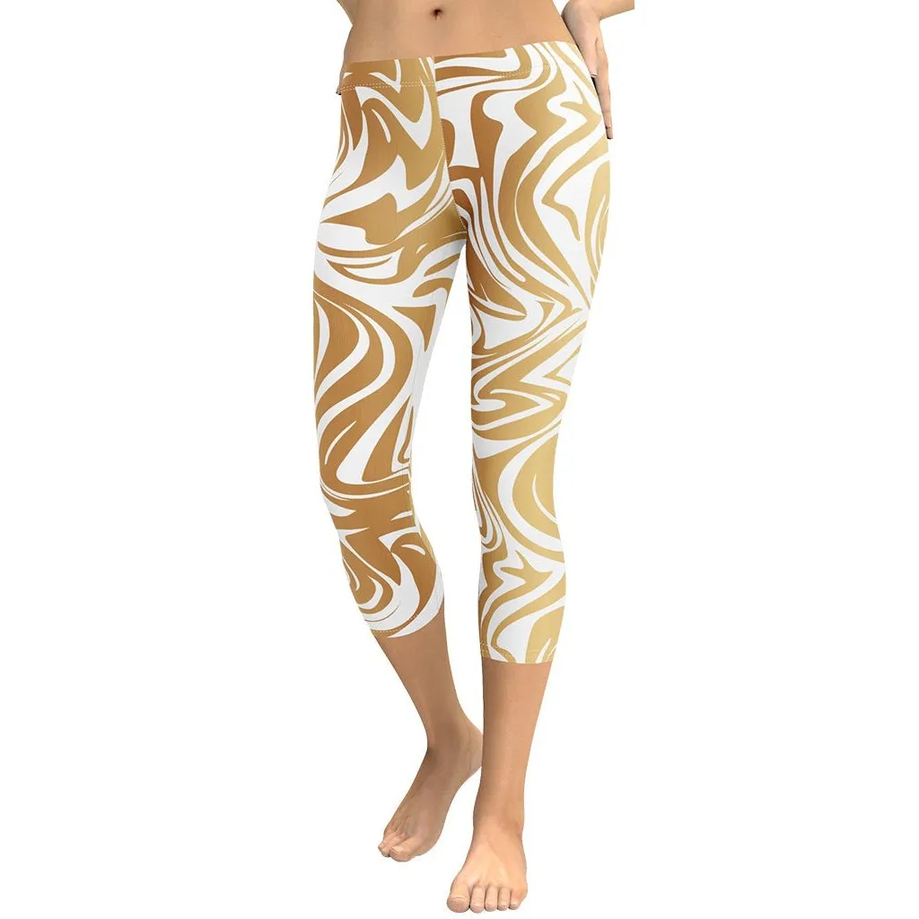 White & Gold Print Capris